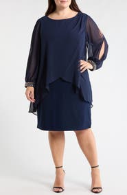 SL FASHIONS Beaded Overlay Long Sleeve Chiffon Cocktail Dress