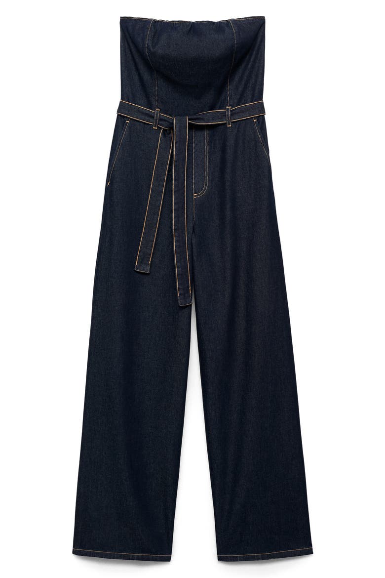 Mono Strapless Tie Waist Denim Jumpsuit, Alternate, color, OPEN BLUE