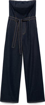 MANGO Mono Strapless Tie Waist Denim Jumpsuit