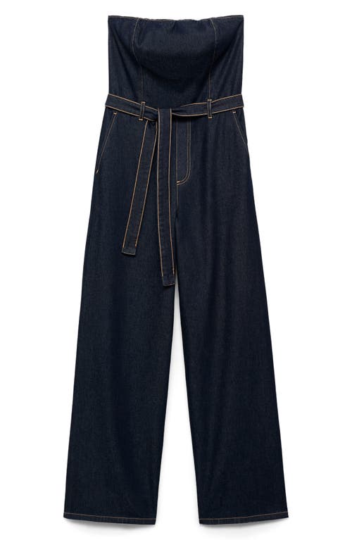 Mango Mono Strapless Tie Waist Denim Jumpsuit In Blue
