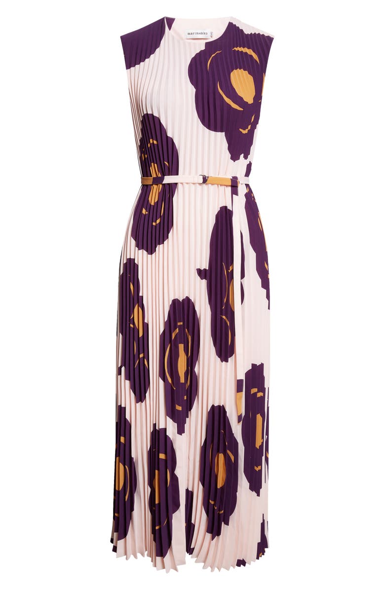 Marimekko Juhlia Tumma Pleated Belted Sleeveless Maxi Dress, Alternate, color, Light Pink Dark Violet Brown