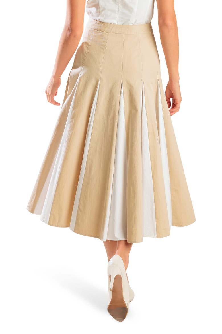 Colorblocked Cotton Pleated Midi Skirt, Alternate, color, KHAKI/ WHITE