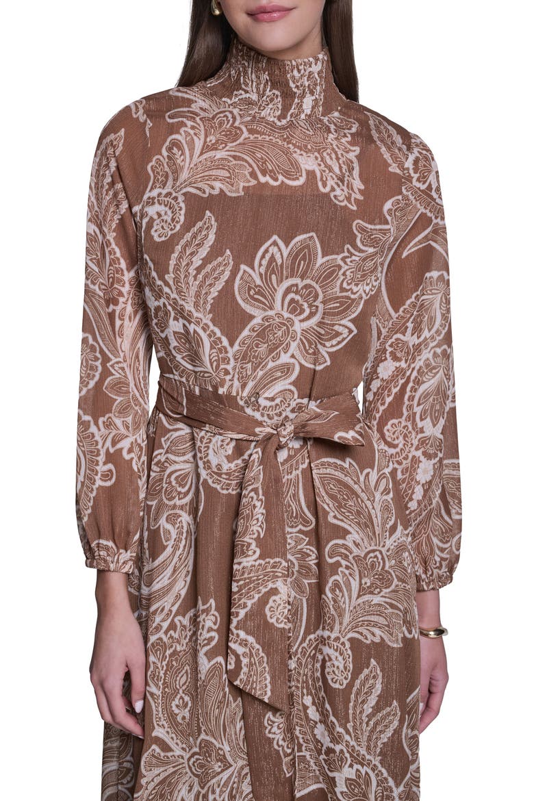 Long Sleeve Paisley Printed Chiffon Midi Dress, Alternate, color, Tan Multi
