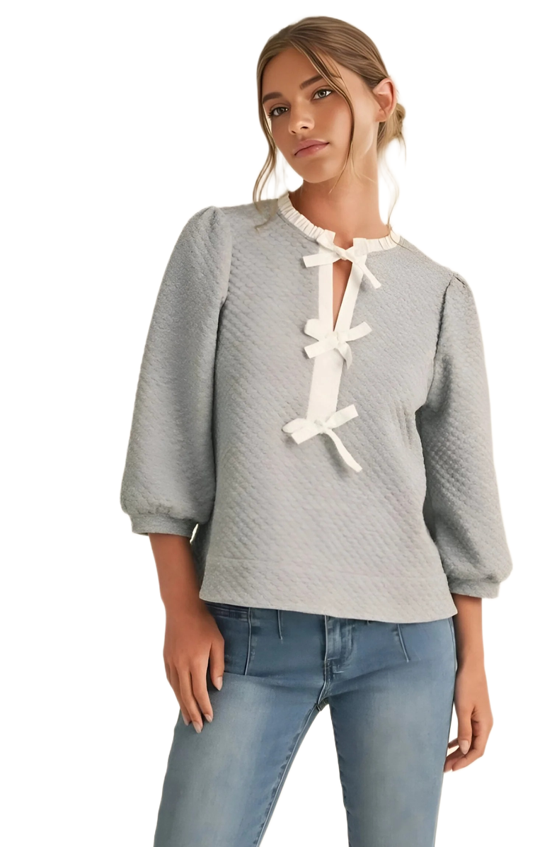 Knit and Lounge Textured Blouse with Bow Accents, Alternate, color, 