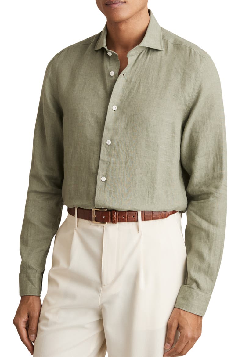 Ruban Linen Button-Up Shirt, Main, color, THYME GREEN