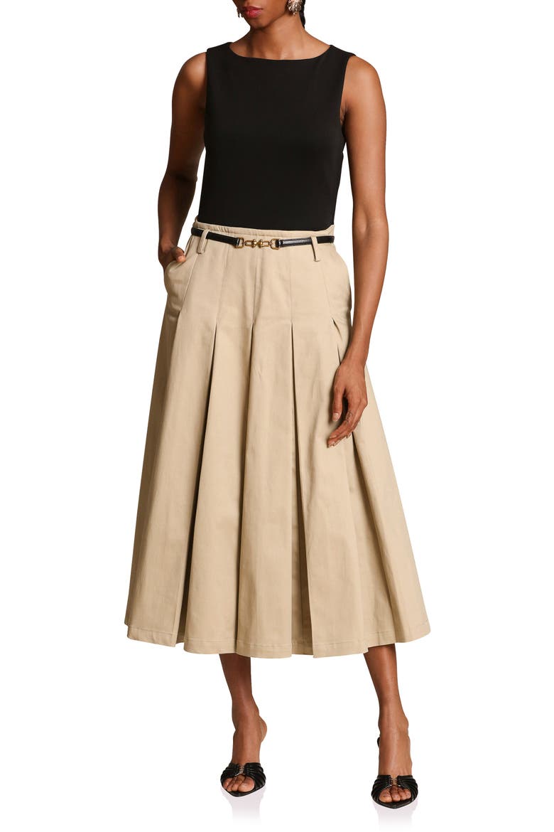 Mixed Media Pleated Dress, Alternate, color, BLACK AND KHAKI
