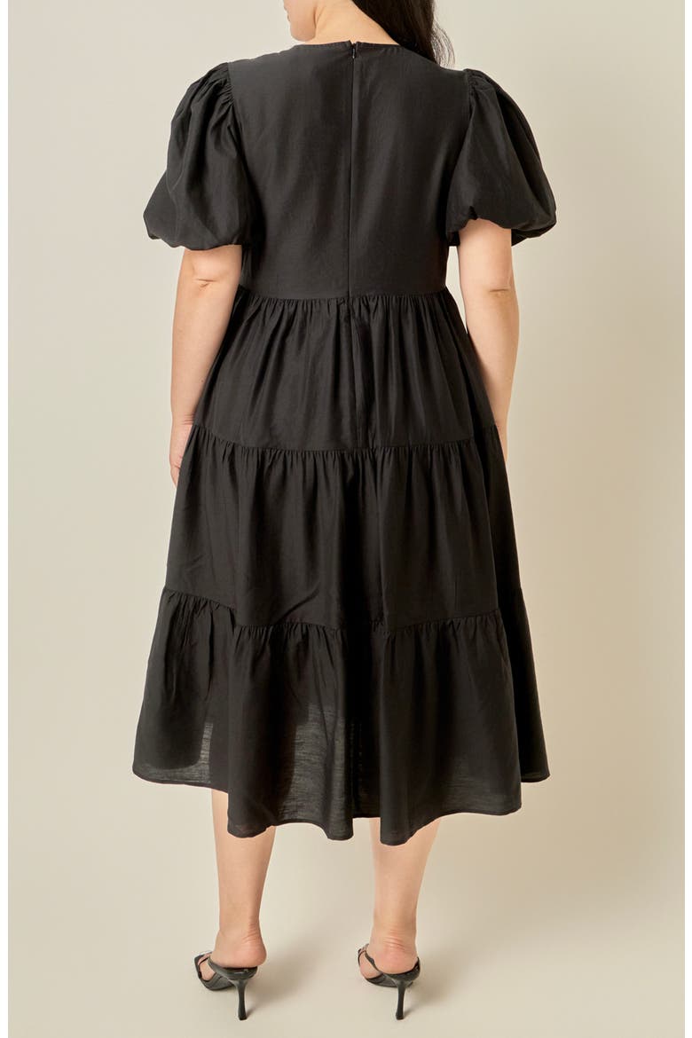 Bow Puff Sleeve Midi Dress, Alternate, color, BLACK