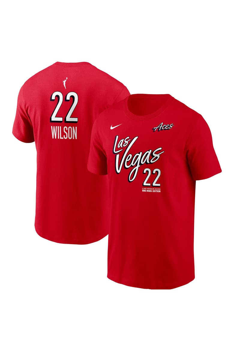 Men's Nike A'ja Wilson Red Las Vegas Aces Name & Number Rebel Edition T-Shirt, Main, color, Red