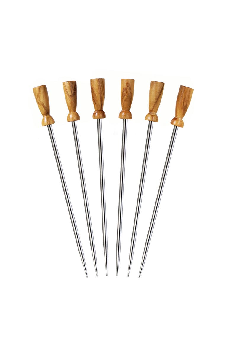 Olivewood Stainless Steel Cocktail Picks, Set of 6, Main, color, Brown