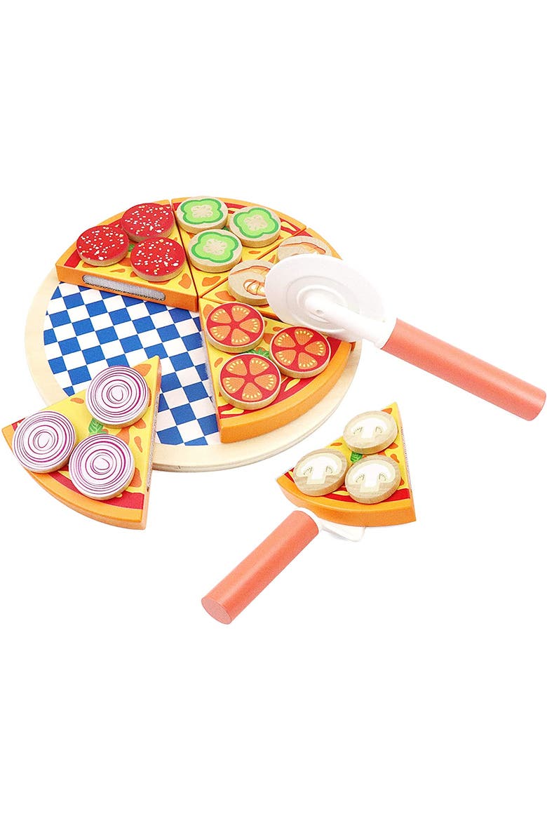 27-Piece Kid's Pizza Toy Set | Play Pretend Pizza Toy Slices, Toppings, Pizza Cutter for Toddlers, Main, color, Red