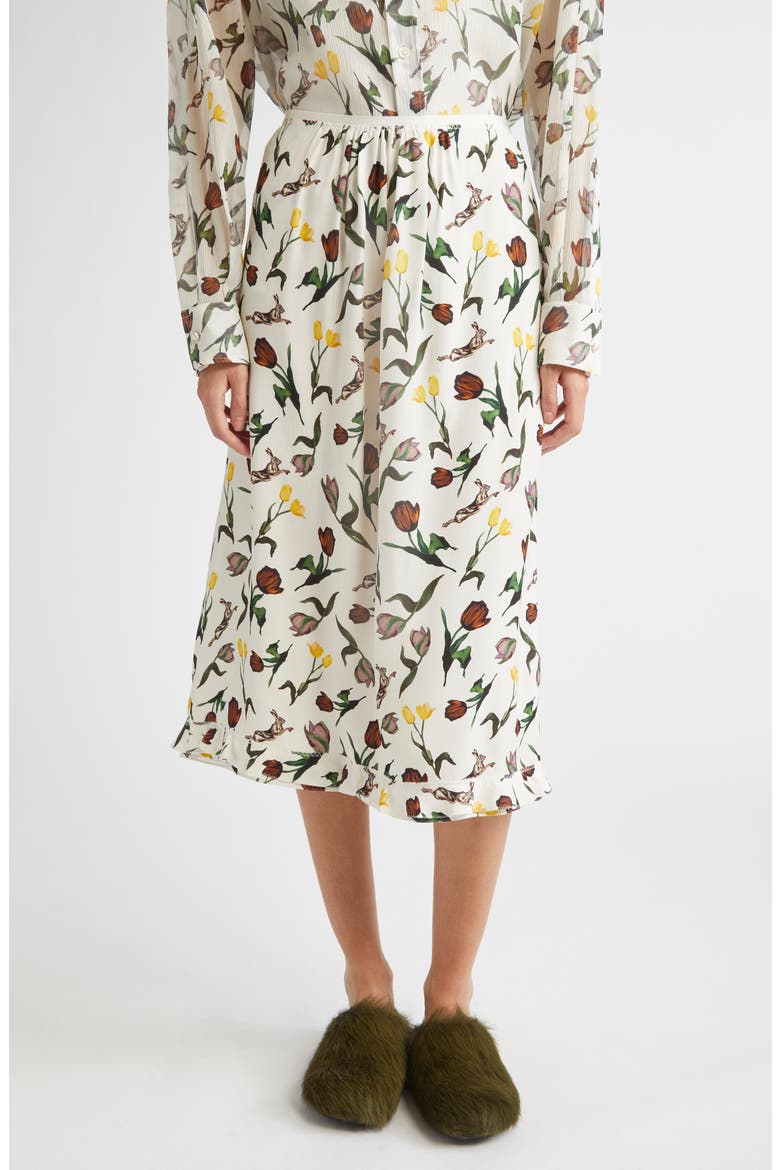 Tulips & Hares Ruffle Hem Crepe Back Satin Midi Skirt, Main, color, LIMESTONE