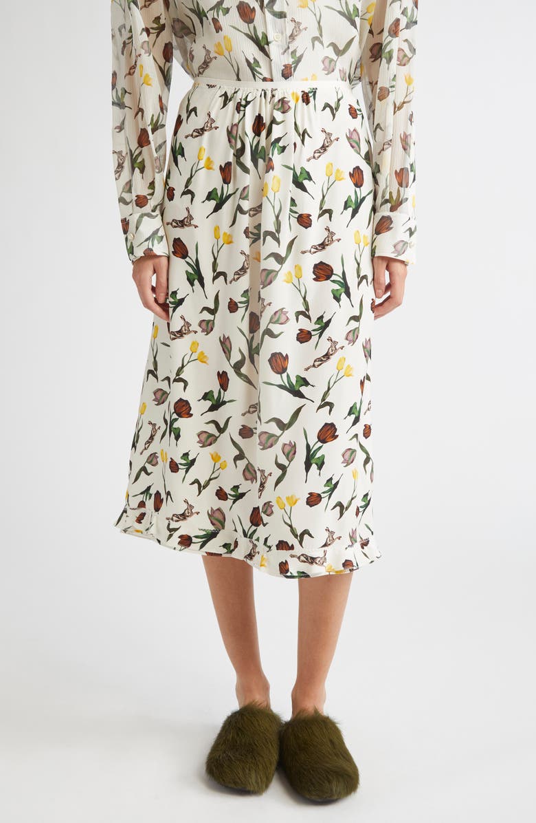 Marni Tulips & Hares Ruffle Hem Crepe Back Satin Midi Skirt, Main, color, Limestone