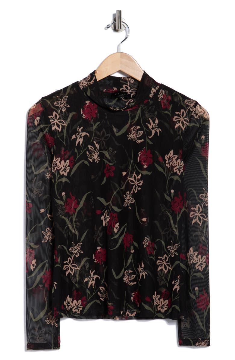 Ted Baker Long Sleeve Printed Mesh Mock Neck Top, Alternate, color, Cordovan