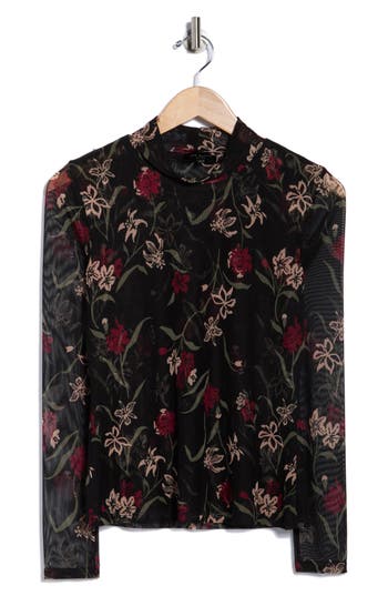 Ted Baker Long Sleeve Printed Mesh Mock Neck Top In Black