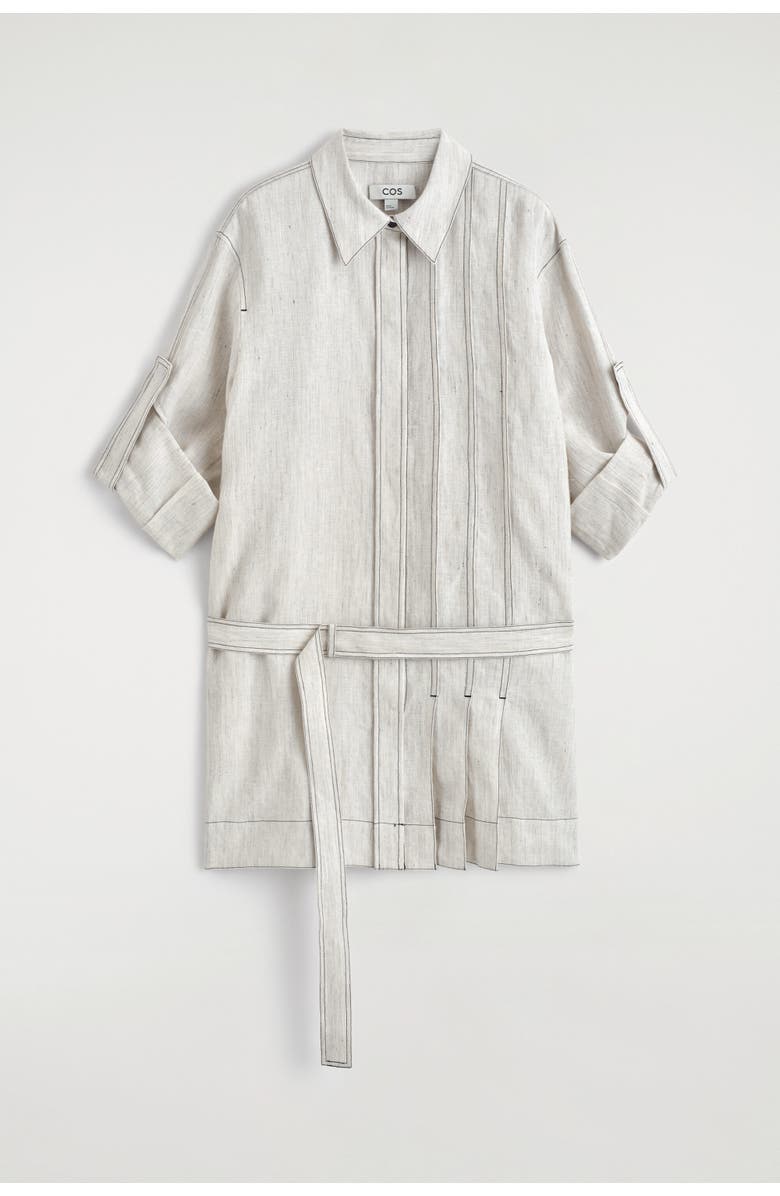 COS Belted Pleated Linen Mini Shirt Dress, Alternate, color, Light Gray