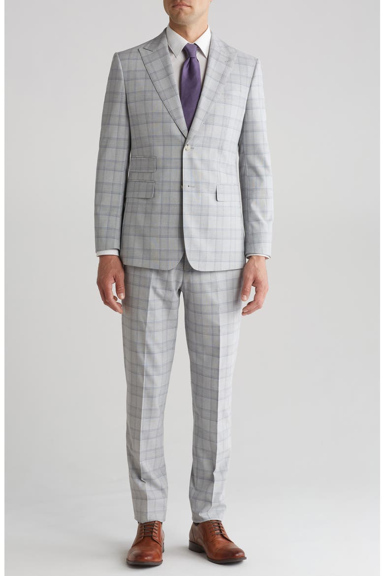 Plaid Trim Fit Peak Lapel Two-Piece Suit, Main, color, GRAY