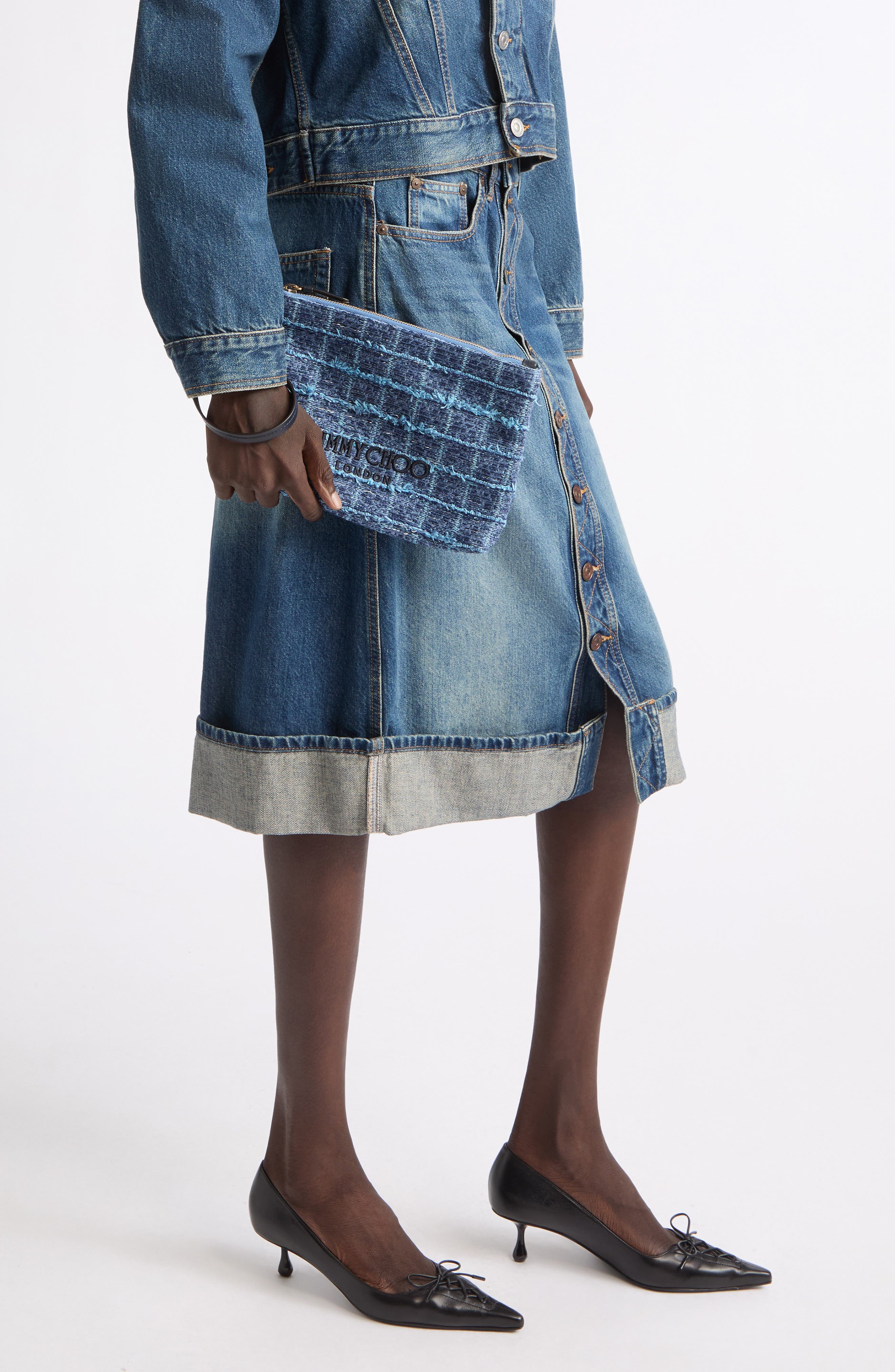 Flat Zip Pouch, Alternate, color, DENIM GRID/ LIGHT GOLD