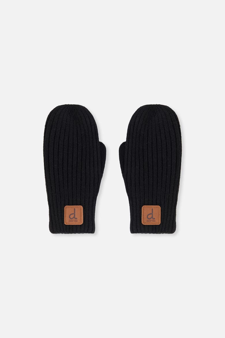 Ribbed Cuff Faux Leather Patch Knit Mittens, Main, color, Black