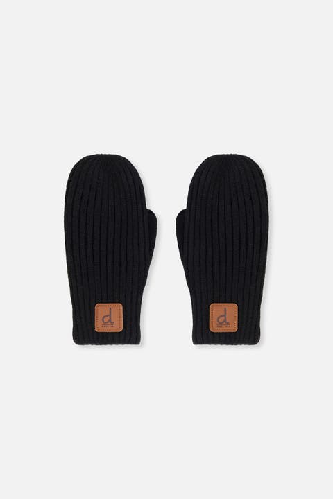 Ribbed Cuff Faux Leather Patch Knit Mittens