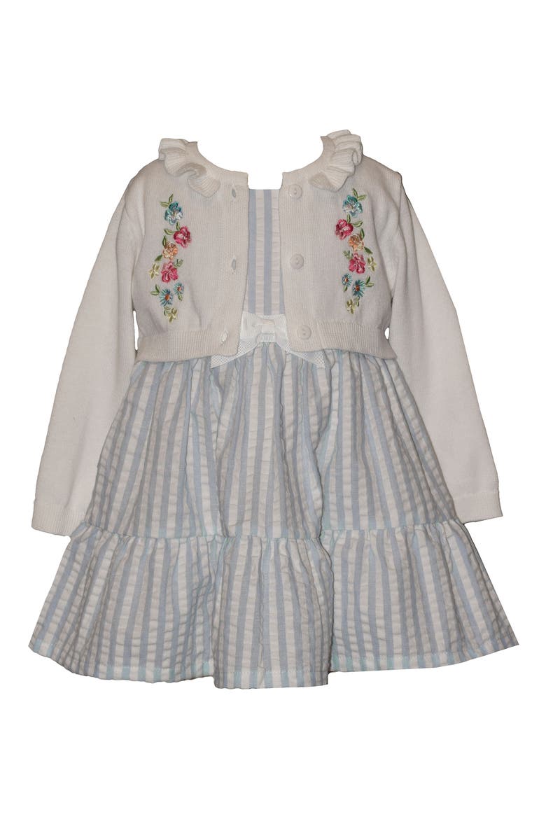 Stripe Seersucker Dress and Floral Cardigan Set, Main, color, BLUE