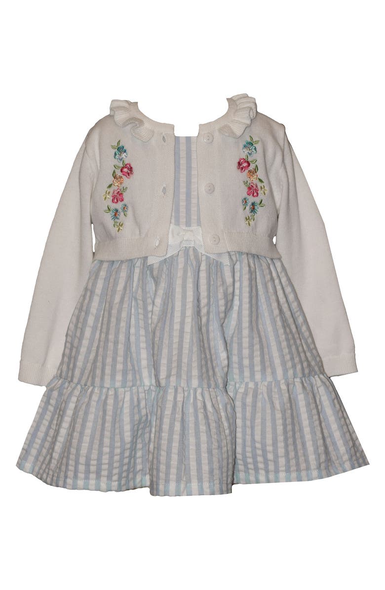 GERSON & GERSON Stripe Seersucker Dress and Floral Cardigan Set, Main, color, Blue