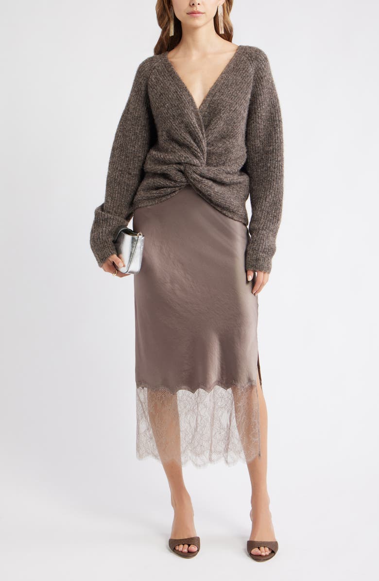 Open Edit Lace Trim Satin Midi Skirt, Alternate, color, Tan Dusk