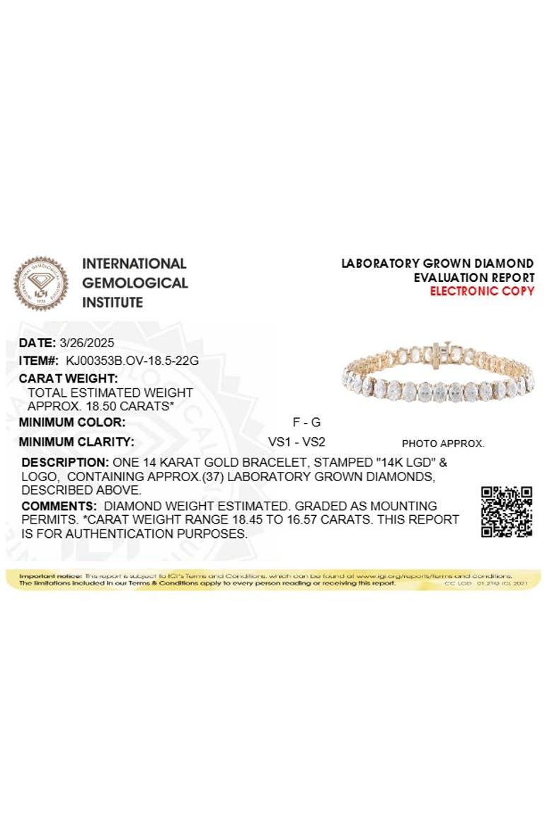 IGI Certified 14K Yellow Gold 18 1/2 Cttw Oval Cut Lab Grown Diamond Tennis Bracelet, Alternate, color, Yellow Gold
