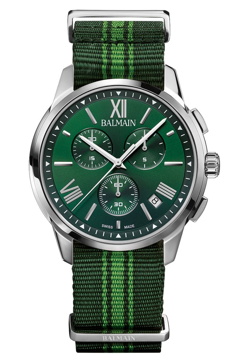 BALMAIN WATCHES Madrigal Chronograph Fabric Strap Watch, 42mm, Main, color, Green Nato
