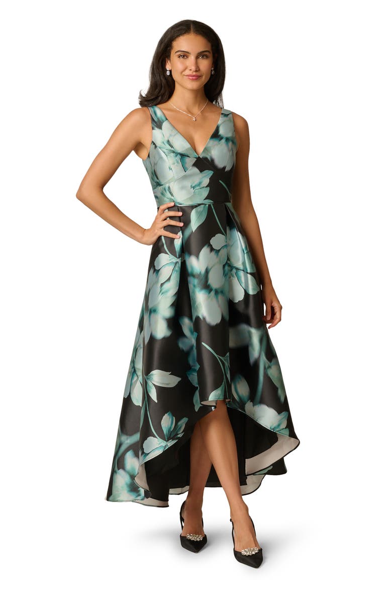 Printed High-Low Mikado Gown, Alternate, color, BLACK MULTI