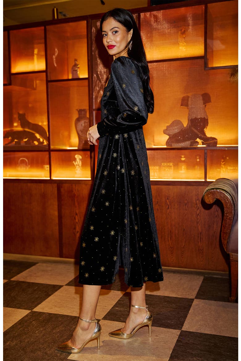 Foil Print Velvet Midi Dress, Alternate, color, Black