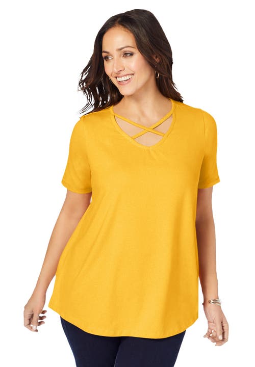 Jessica London Stretch Cotton Crisscross Strap Tee In Yellow