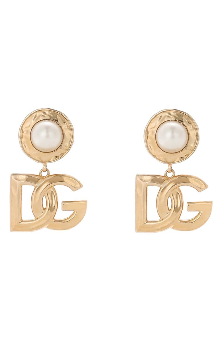 Dolce&Gabbana DG Logo Imitation Pearl Clip-On Earrings, Main, color, Zoo00 Oro