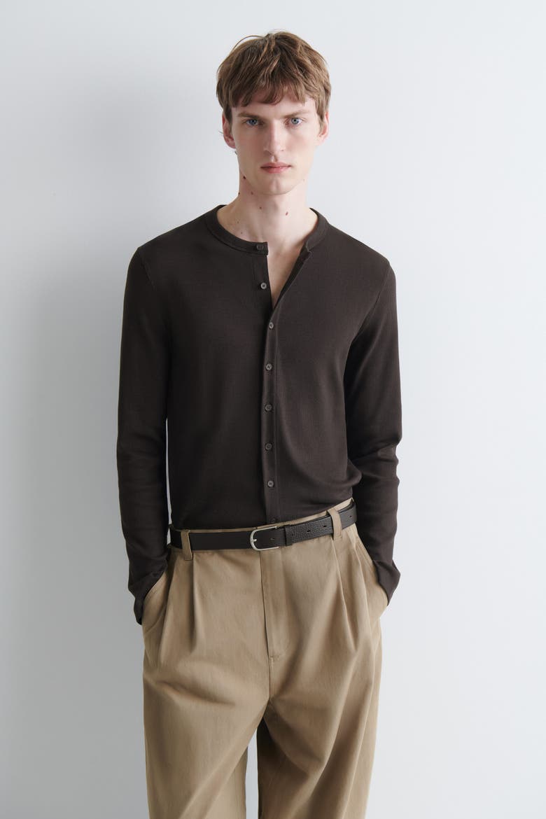 Slim Ribbed Cotton Cardigan, Main, color, BROWN