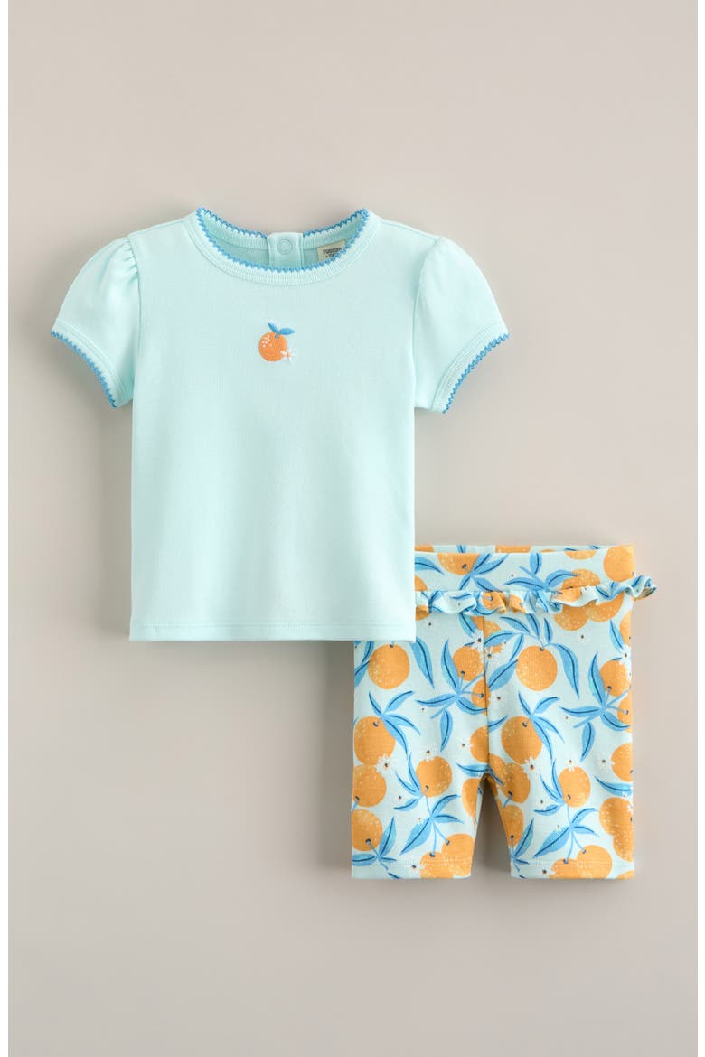 Puff Sleeve Cotton T-Shirt & Ruffle Shorts Set, Main, color, TEAL ORANGE- TEAL BLOSSOMS
