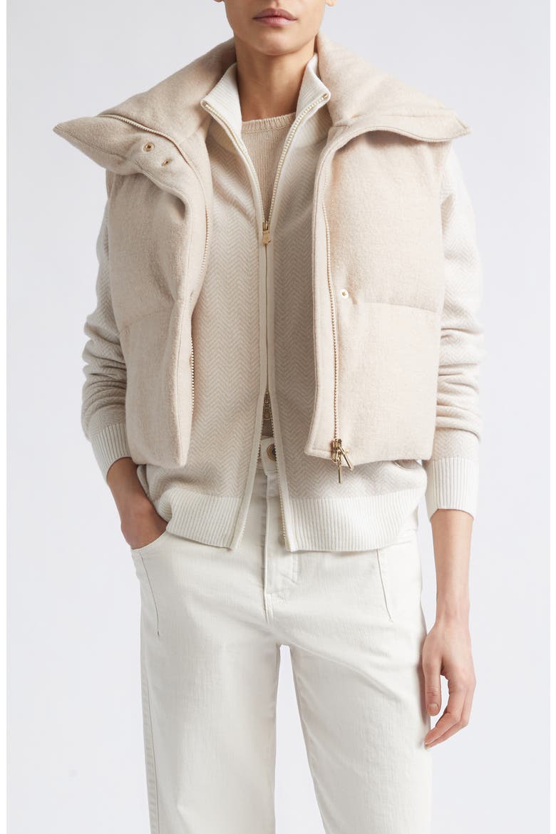 High Neck Wool Mouliné Padded Down Vest, Main, color, SAND