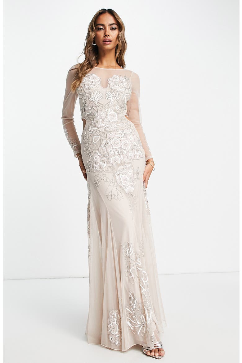 Floral Long Sleeve Maxi Dress, Main, color, NUDE