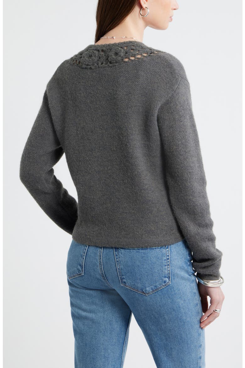 Floral Trim Cardigan, Alternate, color, GREY MED CHAR HTHR