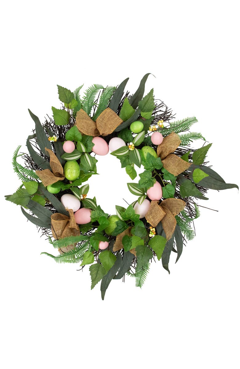 Northlight Easter Egg and Burlap Ribbon Mixed Foliage Twig Wreath - 22", Alternate, color, Green