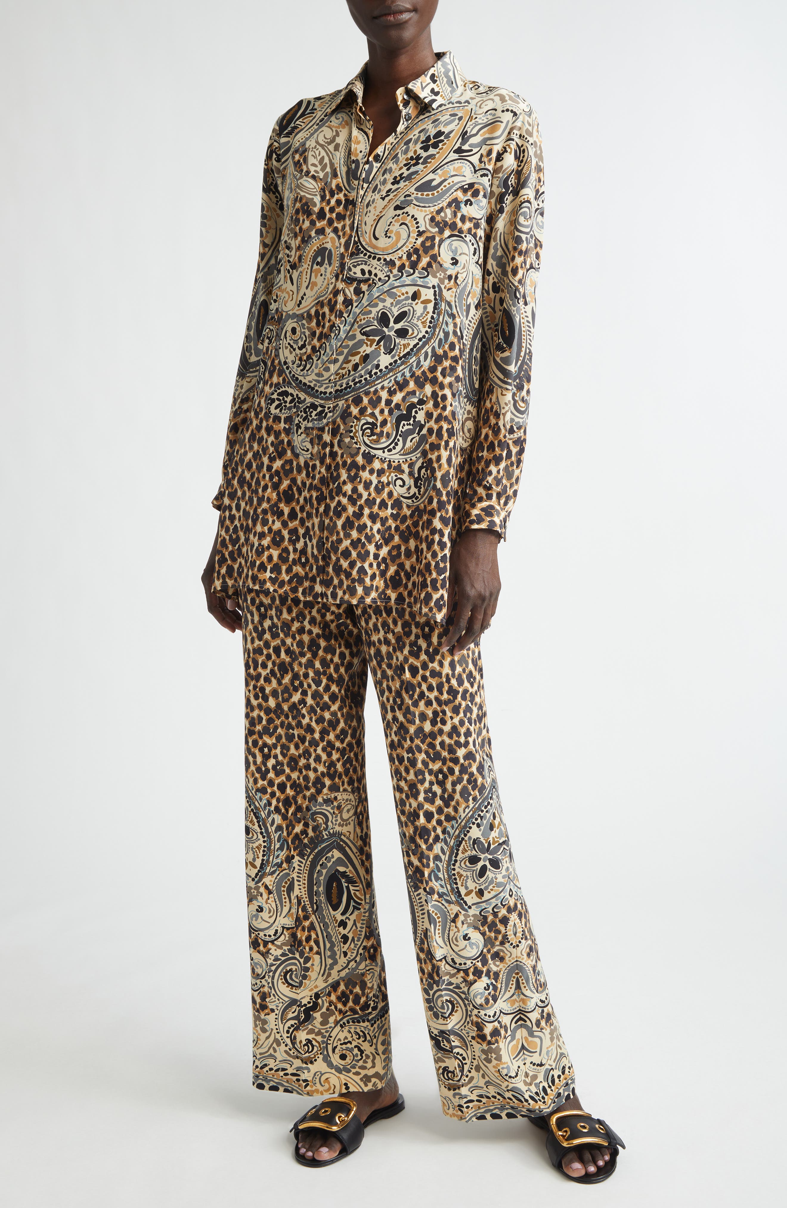 Etro Paisley & Leopard Print Silk Tunic Button-up Shirt In Multi