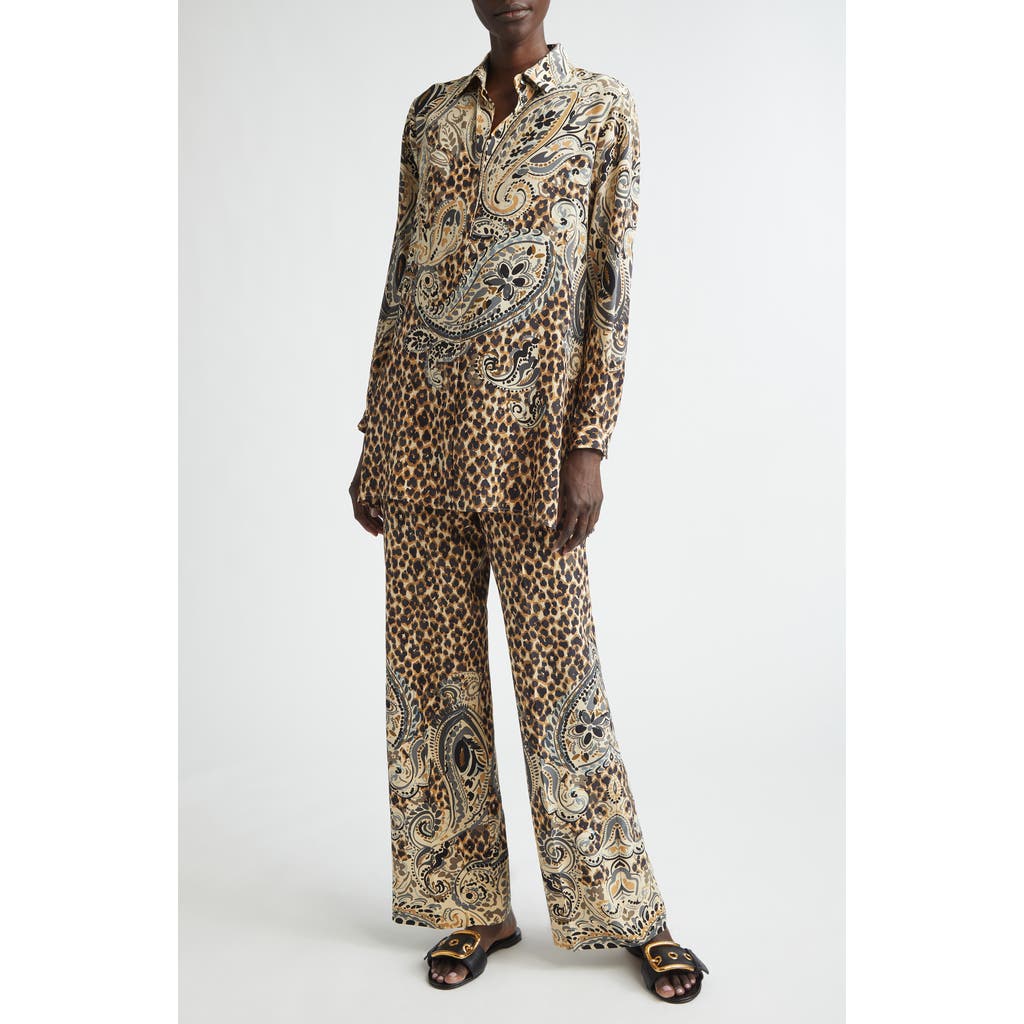 Etro Paisley & Leopard Print Silk Tunic Button-up Shirt In Multi