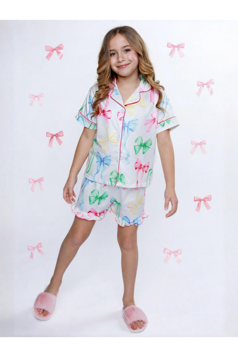 Playful Bow Print Cotton Pajama Short Set, Alternate, color, White