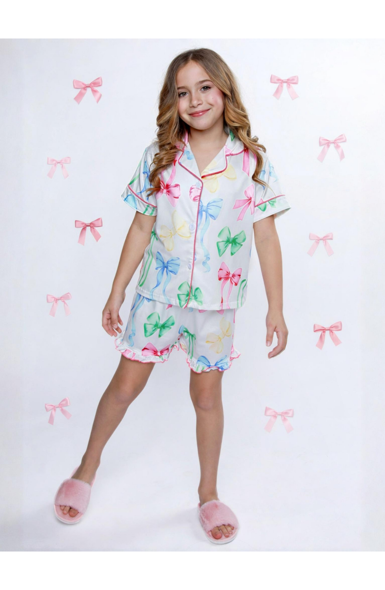Mia Belle Girls Playful Bow Print Cotton Pajama Short Set, Alternate, color, White
