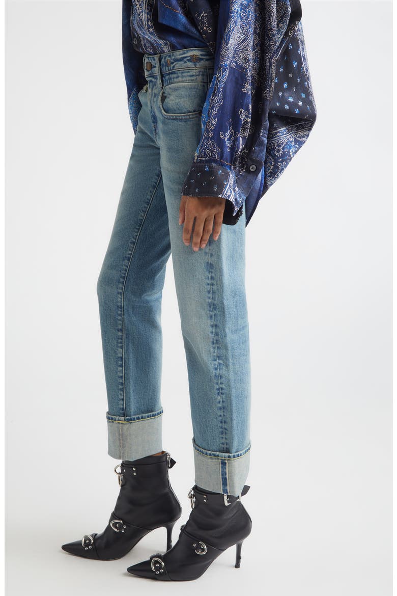 Cuffed Straight Leg Boyfriend Jeans, Alternate, color, LAPIS SELVEDGE BLUE STRETCH