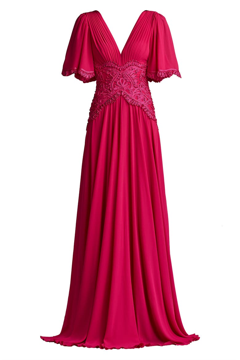 Scroll Lace Detail Flutter Sleeve Chiffon Gown, Alternate, color, HIBISCUS