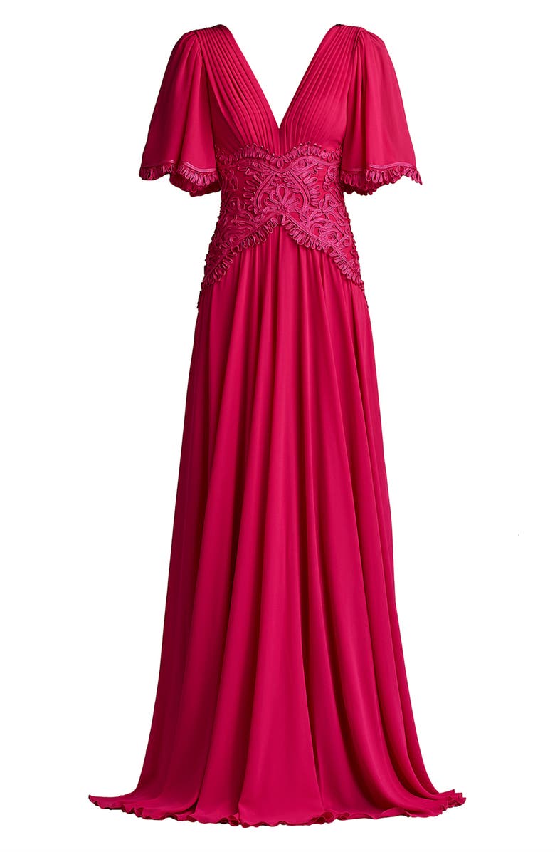 Tadashi Shoji Scroll Lace Detail Flutter Sleeve Chiffon Gown, Alternate, color, Hibiscus
