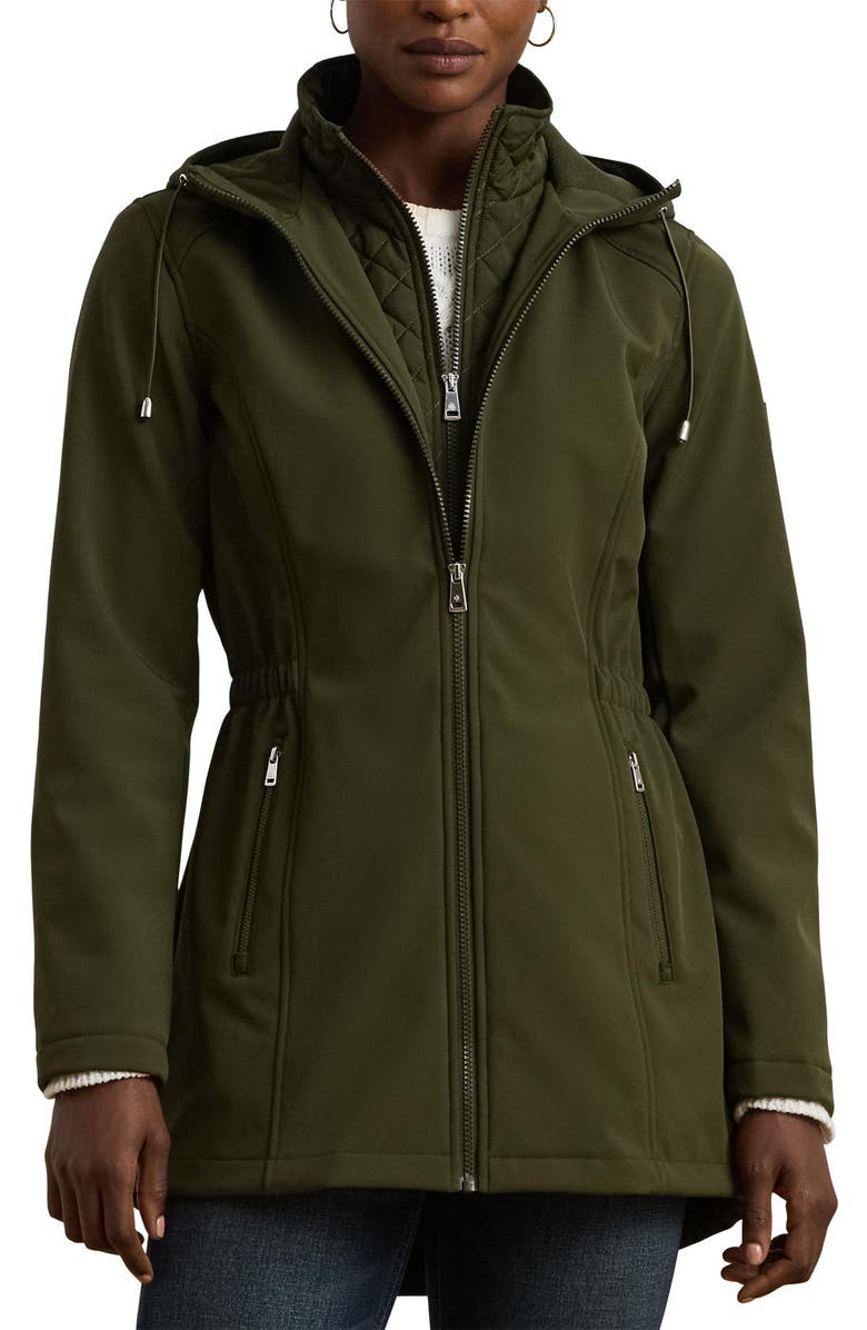 Lauren Ralph Lauren Hooded Soft-Shell Jacket with Interior Quilted Bib, Main, color, Loden