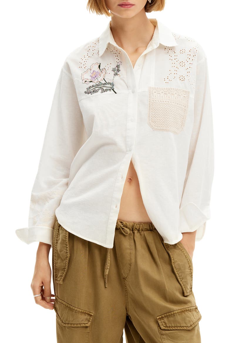 Crochet Cotton & Linen Shirt, Main, color, WHITE