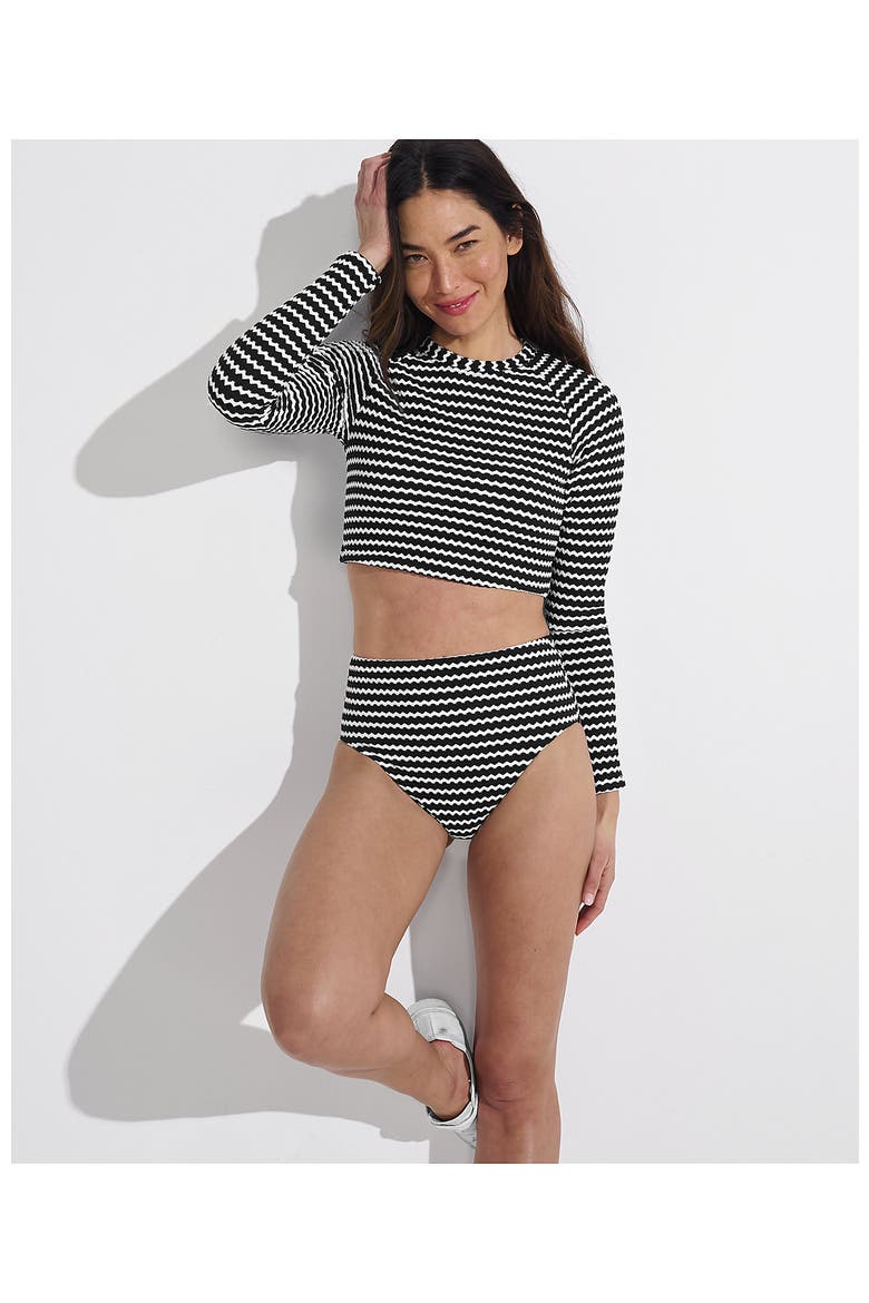 Crochet Long Sleeve Bikini Top and High Waisted Bottoms Swimsuit Set, Alternate, color, Black/White