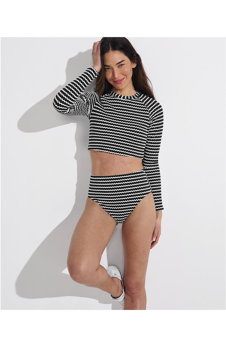 Lands' End Crochet Long Sleeve Bikini Top and High Waisted Bottoms Swimsuit Set, Alternate, color, Black/White