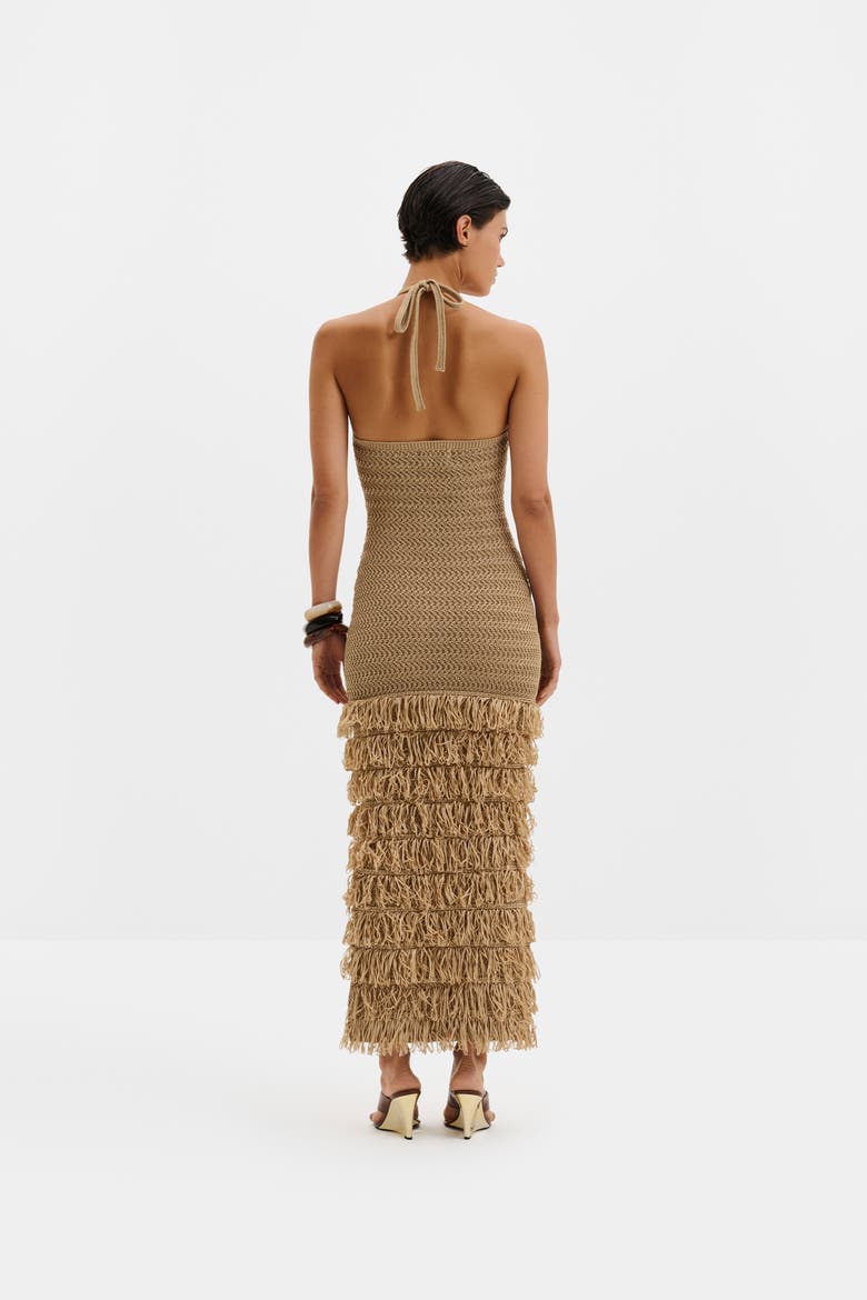 Elissa Halterneck Fringe Maxi Dress, Alternate, color, Sand